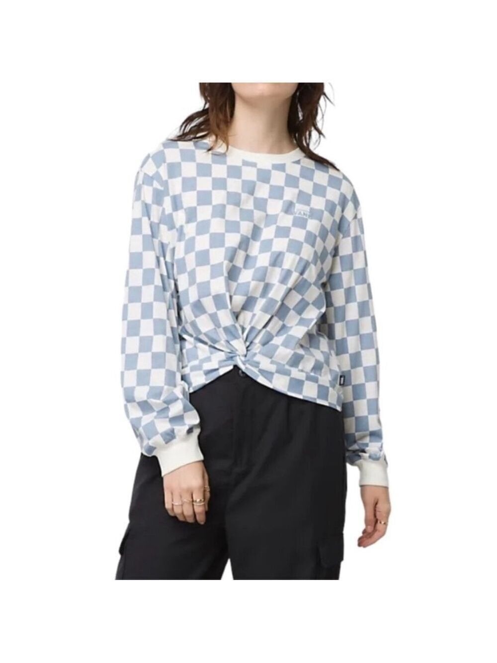Women's Vans Blue White Checkerboard Long Sleeve Knot Front Tee L